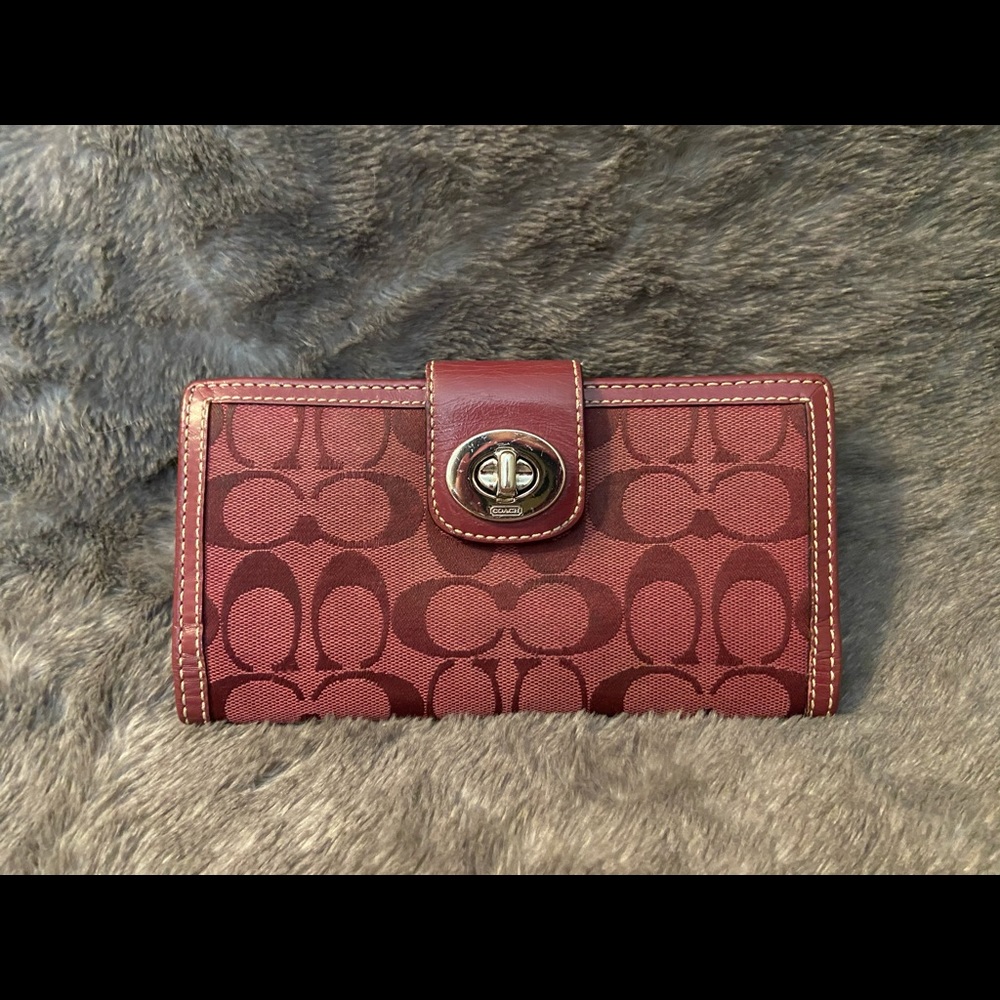Dark Red Canvas & Patent Wallet Turn Lock